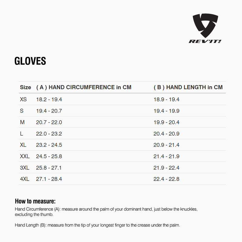 Size chart for REVIT Gloves - Mens