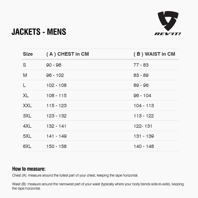 Size chart for REVIT Jackets - Mens