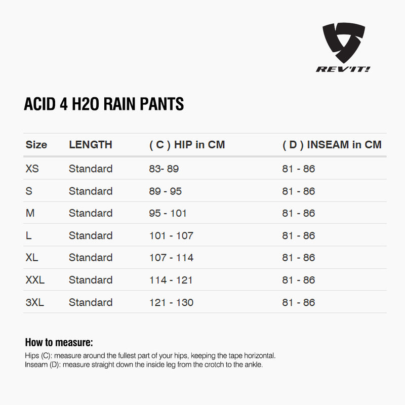 Size chart for REVIT Acid 4 H2O Rain Pants