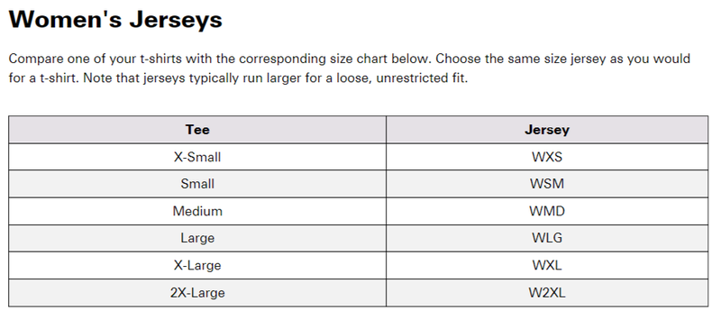 ANSWER Womens Jerseys Size Chart