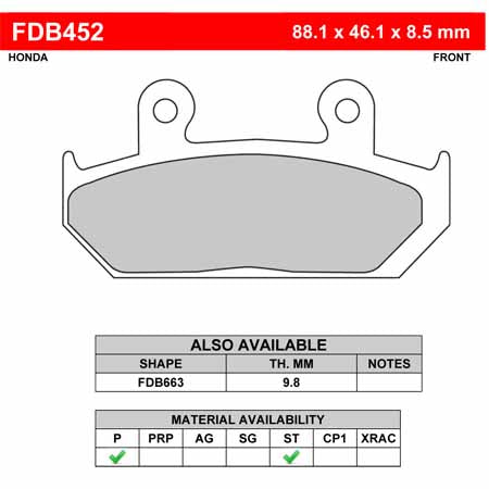 FR-FDB452 - (8.5mm thick) - Drawing NOT to scale - (pads also available 9.8mm thick - see FR-FDB663)