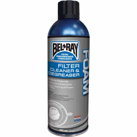Bel-Ray aerosol Foam Filter Cleaner and Degreaser is specially designed for cleaning foam air filters and can also be used as an engine and general purpose degreaser